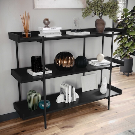 Martha Stewart Emmett 3 Shelf 35in.H Storage Display Unit Bookcase w/Oil Rubbed Brnz Metal Frame in Blk Wood Grain JN-2542B3-BK-BK-MS